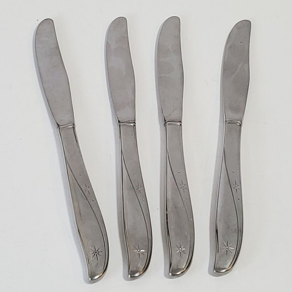 Set 4 Oneida TWIN STAR dinner Knives Community Stainless MCM Atomic Starburst